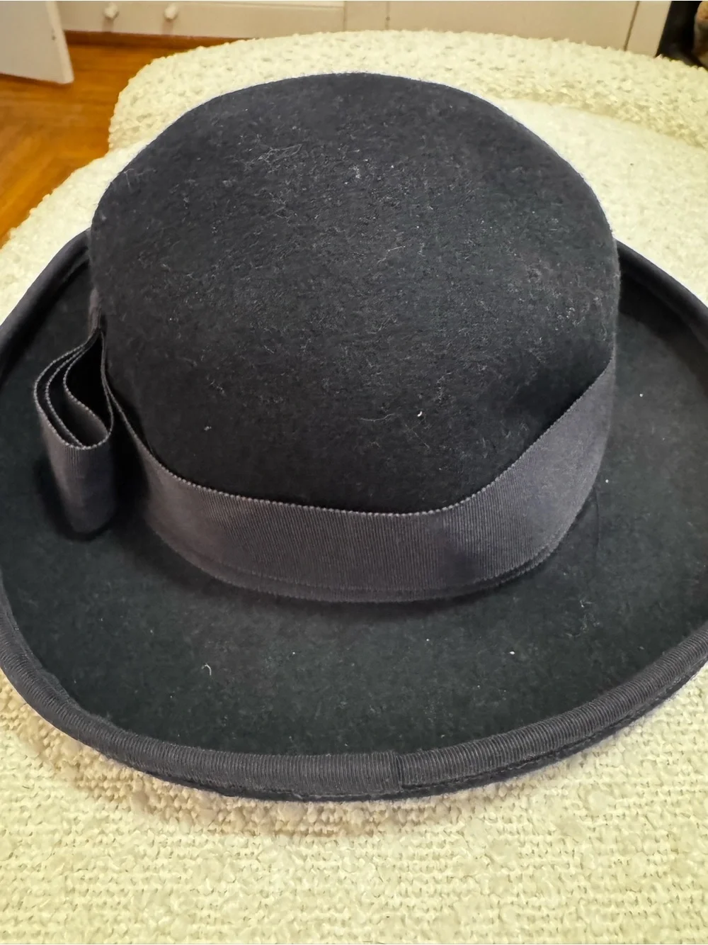 Classic Black Women's Wool Bowler Hat with Ribbon Trim